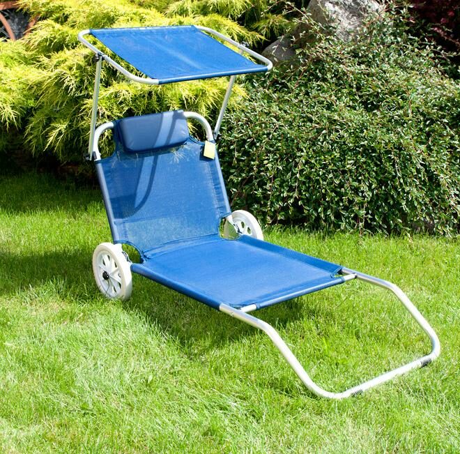 Leżak plażowy na kółkach ogrodowy z daszkiem kolor NIEBIESKI - leżak na kółkach niebieski