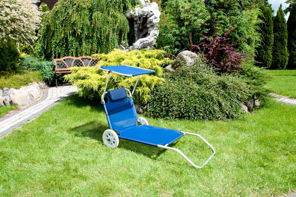 Leżak plażowy na kółkach ogrodowy z daszkiem kolor NIEBIESKI - leżak na kółkach niebieski - obrazek 3