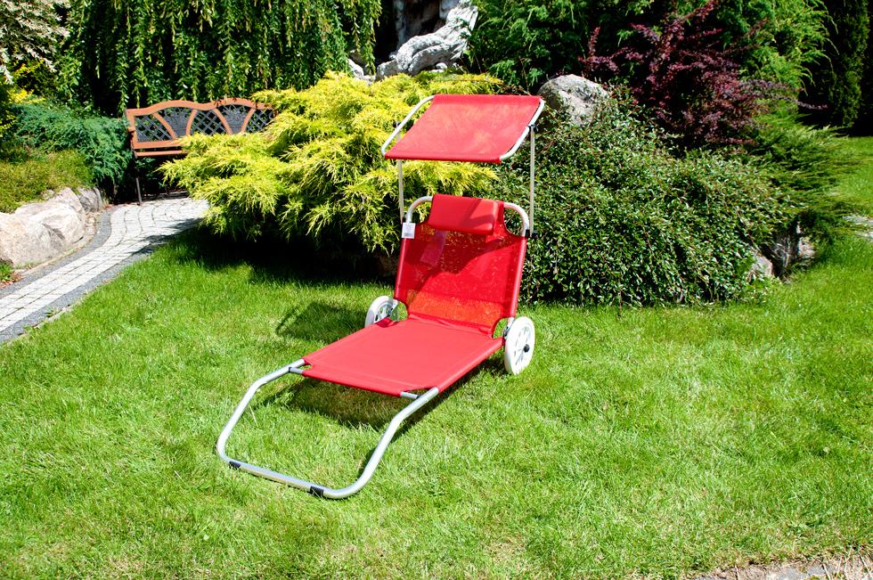 Leżak plażowy na kółkach ogrodowy z daszkiem kolor CZERWONY - leżak na kółkach czerwony - obrazek 6