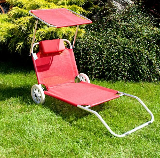 Leżak plażowy na kółkach ogrodowy z daszkiem kolor CZERWONY - leżak na kółkach czerwony