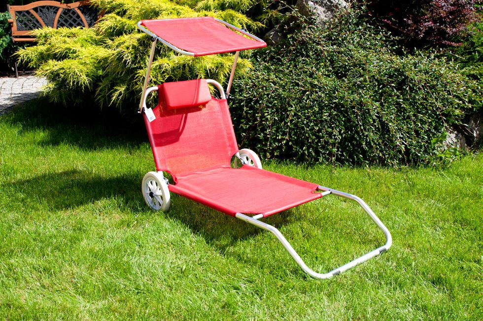 Leżak plażowy na kółkach ogrodowy z daszkiem kolor CZERWONY - leżak na kółkach czerwony