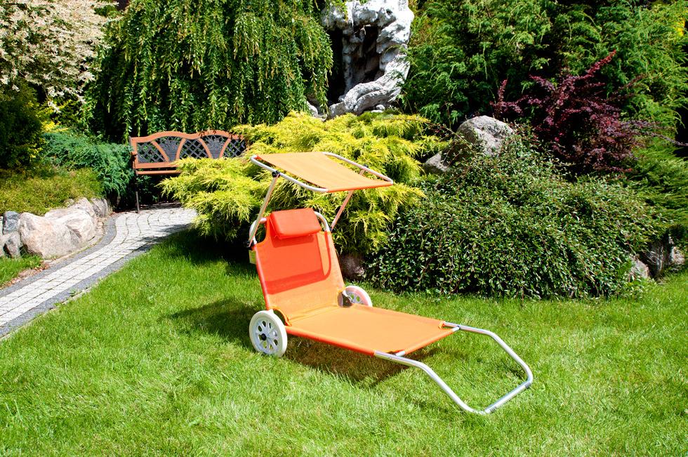 Leżak plażowy na kółkach ogrodowy z daszkiem kolor POMARAŃCZOWY - leżak na kółkach pomarańczowy - obrazek 5