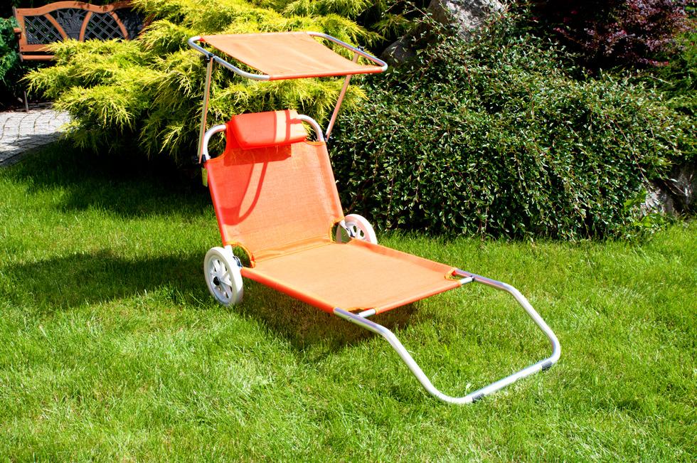 Leżak plażowy na kółkach ogrodowy z daszkiem kolor POMARAŃCZOWY - leżak na kółkach pomarańczowy