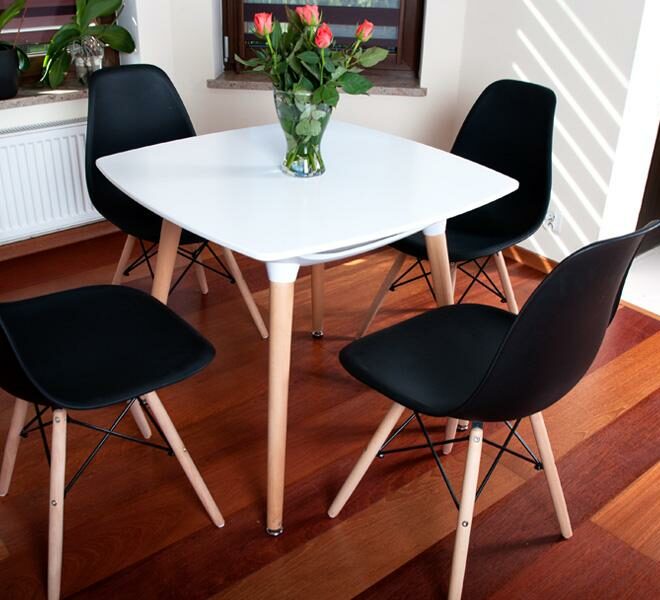 ZESTAW STÓŁ biały + 4 KRZESŁA czarne kolekcja MEDIOLAN KWADRATOWY - zestaw MEDIOLAN biało-czarny KWADRATOWY stół + 4 krzesła