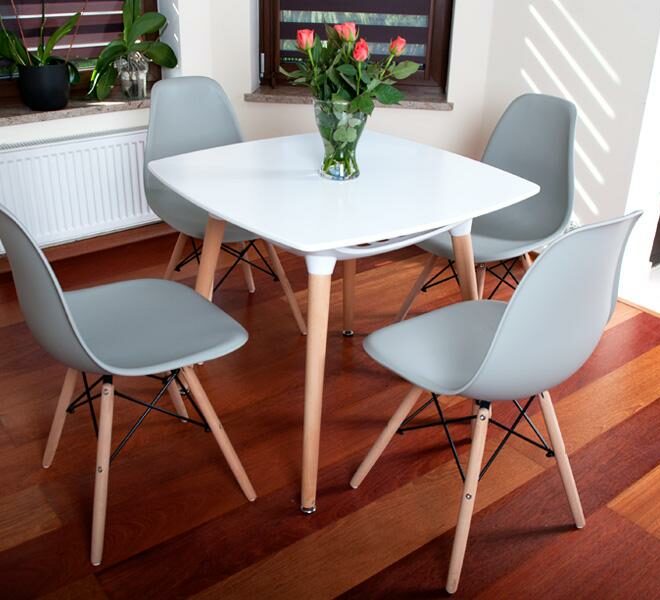 ZESTAW STÓŁ biały + 4 KRZESŁA szare kolekcja MEDIOLAN KWADRATOWY - zestaw MEDIOLAN biało-szary KWADRATOWY stół + 4 krzesła