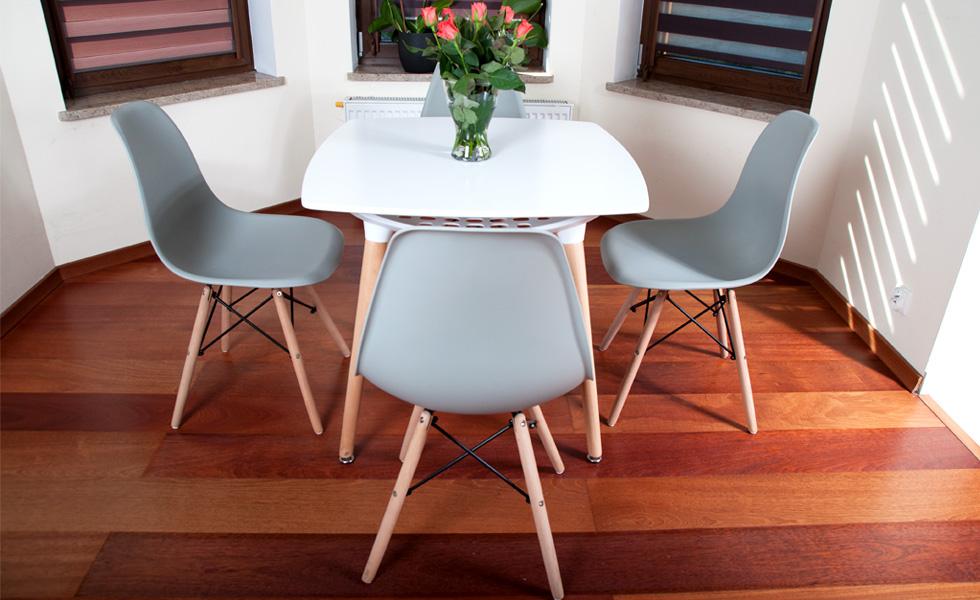 ZESTAW STÓŁ biały + 4 KRZESŁA szare kolekcja MEDIOLAN KWADRATOWY - zestaw MEDIOLAN biało-szary KWADRATOWY stół + 4 krzesła - obrazek 9