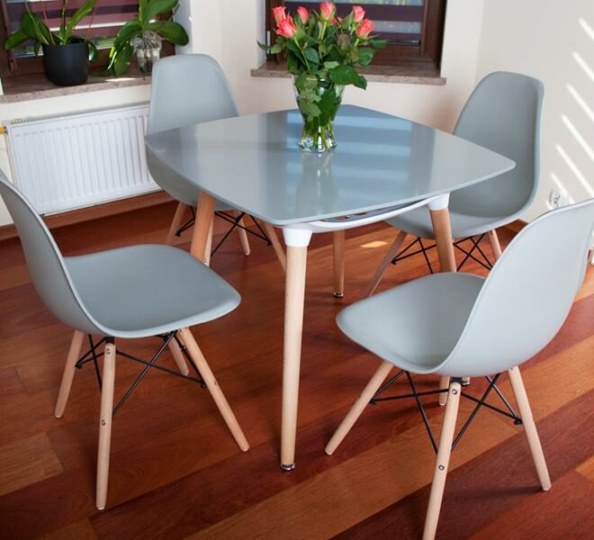 NOWOCZESNY ZESTAW STÓŁ + 4 KRZESŁA kolekcja MEDIOLAN KWADRATOWY SZARY - zestaw MEDIOLAN szary KWADRATOWY stół + 4 krzesła