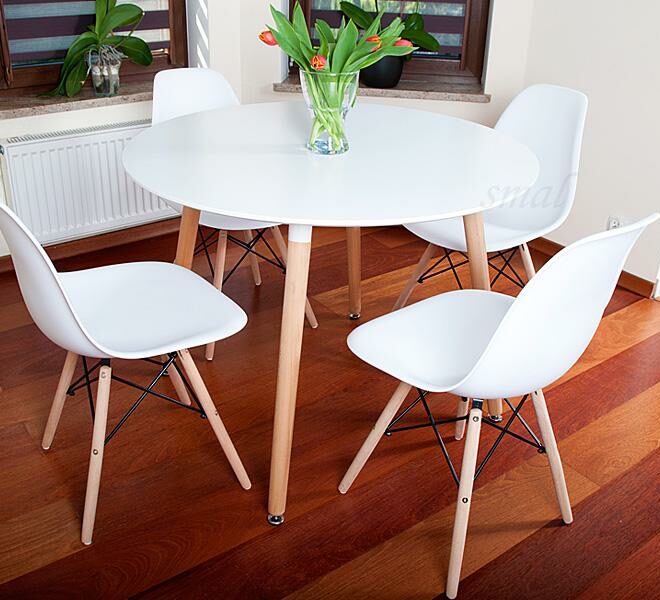 NOWOCZESNY ZESTAW STÓŁ OKRĄGŁY FI 100 BIAŁY + 4 KRZESŁA - Zestaw MEDIOLAN biały OKRĄGŁY 100