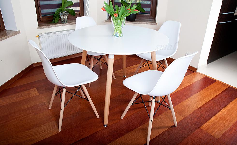 NOWOCZESNY ZESTAW STÓŁ OKRĄGŁY FI 100 BIAŁY + 4 KRZESŁA - Zestaw MEDIOLAN biały OKRĄGŁY 100