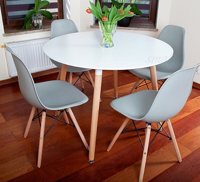 NOWOCZESNY ZESTAW STÓŁ OKRĄGŁY FI 100 BIAŁY + 4 KRZESŁA SZARE - Zestaw MEDIOLAN biało-szary OKRĄGŁY 100
