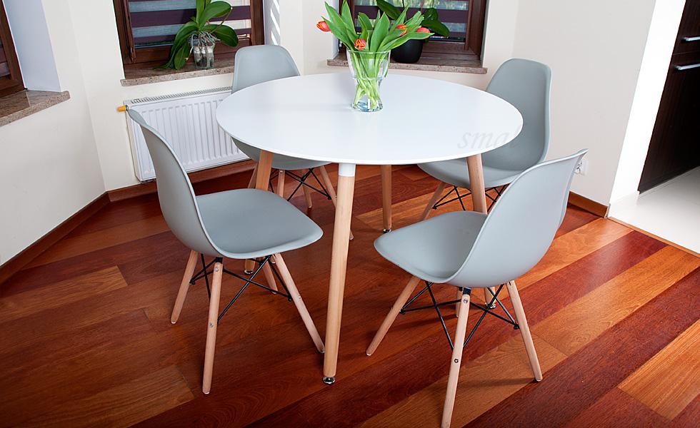 NOWOCZESNY ZESTAW STÓŁ OKRĄGŁY FI 100 BIAŁY + 4 KRZESŁA SZARE - Zestaw MEDIOLAN biało-szary OKRĄGŁY 100