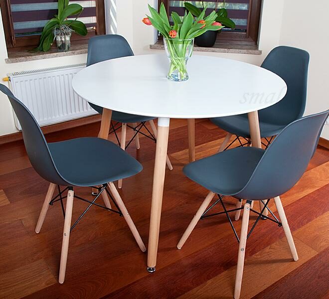 NOWOCZESNY ZESTAW STÓŁ OKRĄGŁY FI 100 BIAŁY + 4 KRZESŁA GRAFITOWE - Zestaw MEDIOLAN biało-grafitowe OKRĄGŁY 100