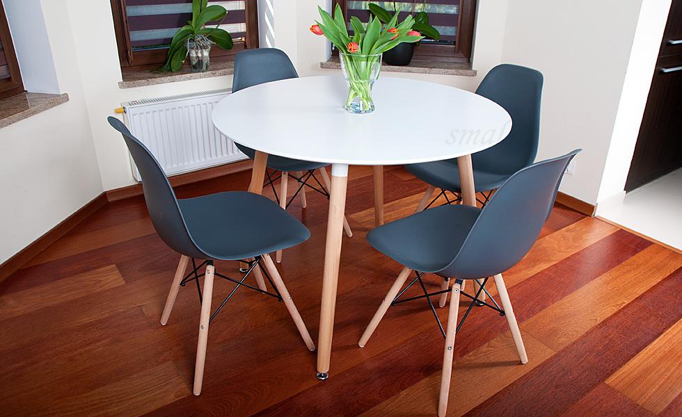 NOWOCZESNY ZESTAW STÓŁ OKRĄGŁY FI 100 BIAŁY + 4 KRZESŁA GRAFITOWE - Zestaw MEDIOLAN biało-grafitowe OKRĄGŁY 100