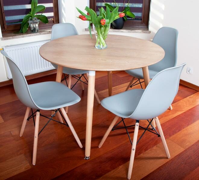 NOWOCZESNY ZESTAW STÓŁ OKRĄGŁY FI 100 DREWNOPODOBNY + 4 KRZESŁA SZARE - Zestaw MEDIOLAN drewnopodobny-szary OKRĄGŁY 100