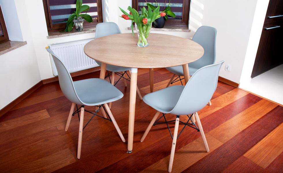 NOWOCZESNY ZESTAW STÓŁ OKRĄGŁY FI 100 DREWNOPODOBNY + 4 KRZESŁA SZARE - Zestaw MEDIOLAN drewnopodobny-szary OKRĄGŁY 100