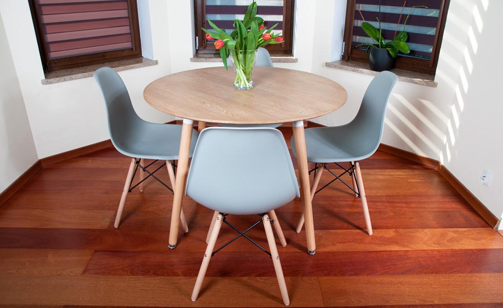 NOWOCZESNY ZESTAW STÓŁ OKRĄGŁY FI 100 DREWNOPODOBNY + 4 KRZESŁA SZARE - Zestaw MEDIOLAN drewnopodobny-szary OKRĄGŁY 100 - obrazek 11