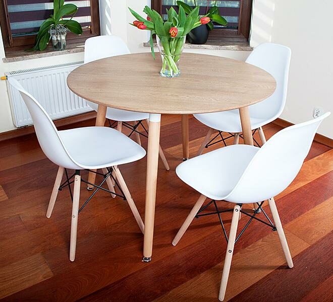 NOWOCZESNY ZESTAW STÓŁ OKRĄGŁY FI 100 DREWNOPODOBNY + 4 KRZESŁA BIAŁE - Zestaw MEDIOLAN drewnopodobny-biały OKRĄGŁY 100
