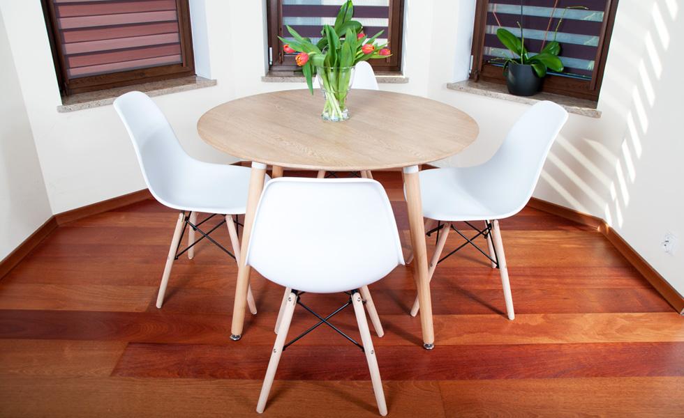 NOWOCZESNY ZESTAW STÓŁ OKRĄGŁY FI 100 DREWNOPODOBNY + 4 KRZESŁA BIAŁE - Zestaw MEDIOLAN drewnopodobny-biały OKRĄGŁY 100 - obrazek 11