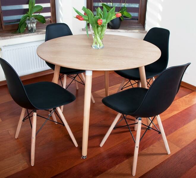 NOWOCZESNY ZESTAW STÓŁ OKRĄGŁY FI 100 DREWNOPODOBNY + 4 KRZESŁA CZARNE - Zestaw MEDIOLAN drewnopodobny-czarny OKRĄGŁY 100