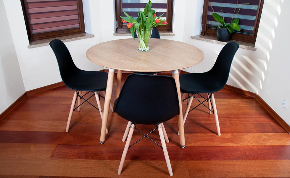 NOWOCZESNY ZESTAW STÓŁ OKRĄGŁY FI 100 DREWNOPODOBNY + 4 KRZESŁA CZARNE - Zestaw MEDIOLAN drewnopodobny-czarny OKRĄGŁY 100 - obrazek 12
