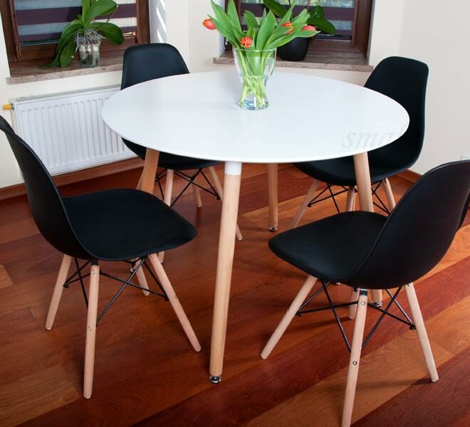NOWOCZESNY ZESTAW STÓŁ OKRĄGŁY FI 100 BIAŁY + 4 KRZESŁA CZARNE - Zestaw MEDIOLAN biało-czarny OKRĄGŁY 100