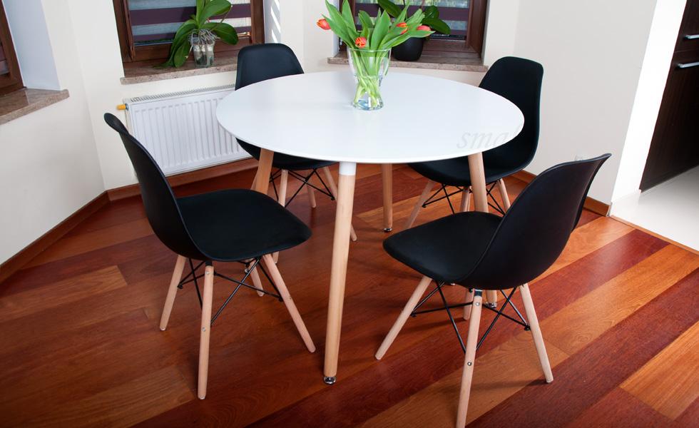 NOWOCZESNY ZESTAW STÓŁ OKRĄGŁY FI 100 BIAŁY + 4 KRZESŁA CZARNE - Zestaw MEDIOLAN biało-czarny OKRĄGŁY 100