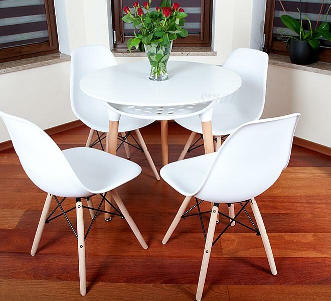 NOWOCZESNY ZESTAW STÓŁ OKRĄGŁY FI 80 BIAŁY + 4 KRZESŁA - Zestaw MEDIOLAN BIAŁY OKRĄGŁY 80