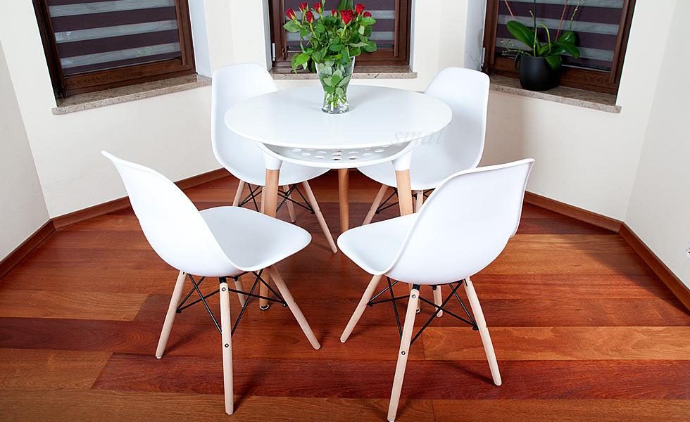 NOWOCZESNY ZESTAW STÓŁ OKRĄGŁY FI 80 BIAŁY + 4 KRZESŁA - Zestaw MEDIOLAN BIAŁY OKRĄGŁY 80