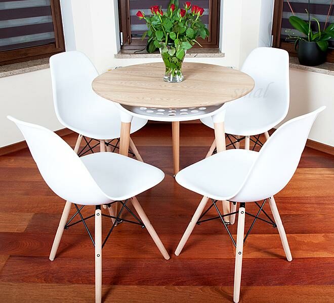 NOWOCZESNY ZESTAW STÓŁ OKRĄGŁY FI 80 DREWNOPODOBNY + 4 KRZESŁA BIAŁE - Zestaw MEDIOLAN DREWNOPODOBNY-BIAŁY OKRĄGŁY 80