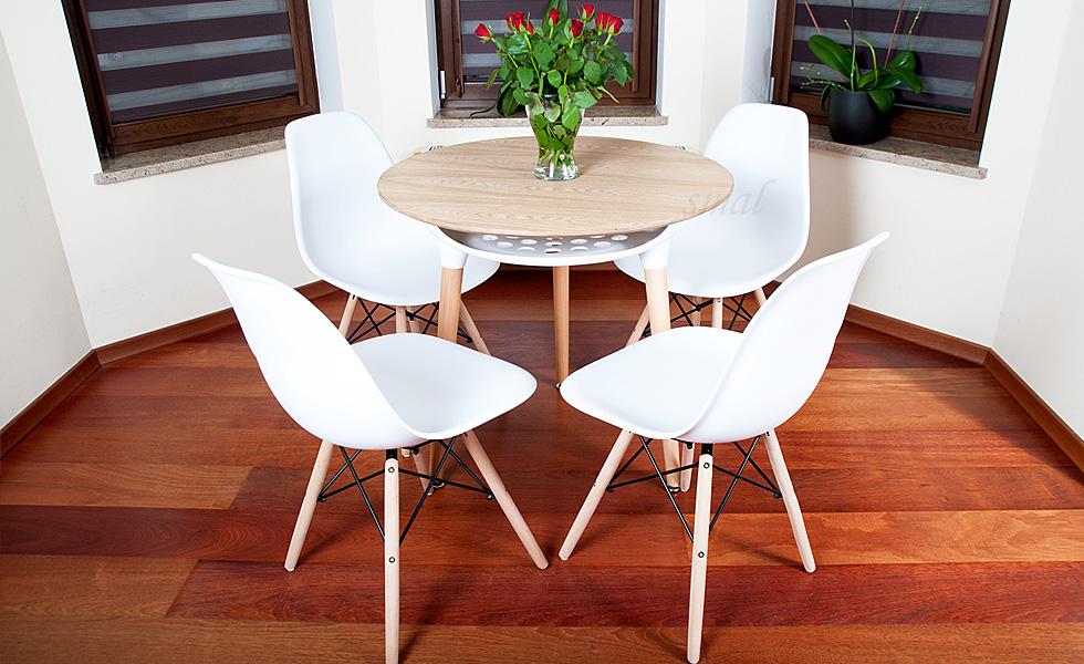 NOWOCZESNY ZESTAW STÓŁ OKRĄGŁY FI 80 DREWNOPODOBNY + 4 KRZESŁA BIAŁE - Zestaw MEDIOLAN DREWNOPODOBNY-BIAŁY OKRĄGŁY 80