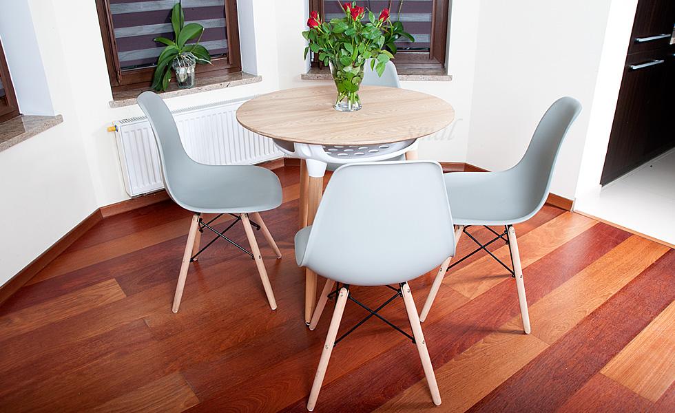 NOWOCZESNY ZESTAW STÓŁ OKRĄGŁY FI 80 DREWNOPODOBNY + 4 KRZESŁA SZARE - Zestaw MEDIOLAN DREWNOPODOBNY-SZARY OKRĄGŁY 80 - obrazek 9