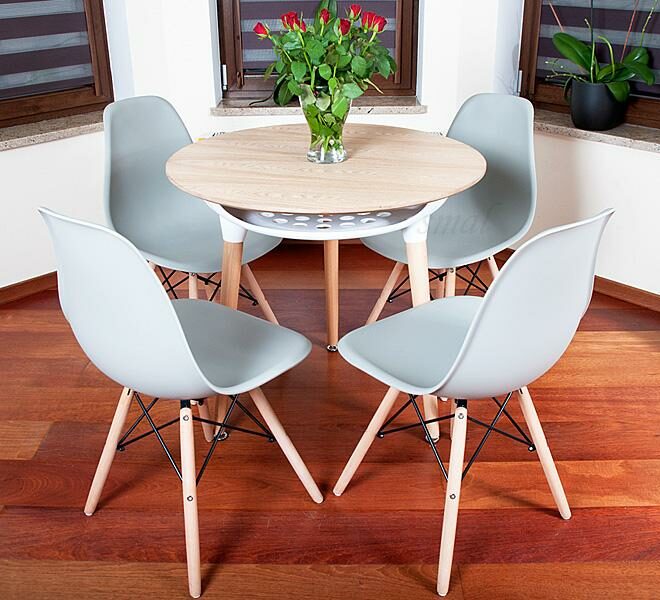 NOWOCZESNY ZESTAW STÓŁ OKRĄGŁY FI 80 DREWNOPODOBNY + 4 KRZESŁA SZARE - Zestaw MEDIOLAN DREWNOPODOBNY-SZARY OKRĄGŁY 80