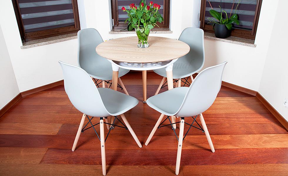 NOWOCZESNY ZESTAW STÓŁ OKRĄGŁY FI 80 DREWNOPODOBNY + 4 KRZESŁA SZARE - Zestaw MEDIOLAN DREWNOPODOBNY-SZARY OKRĄGŁY 80