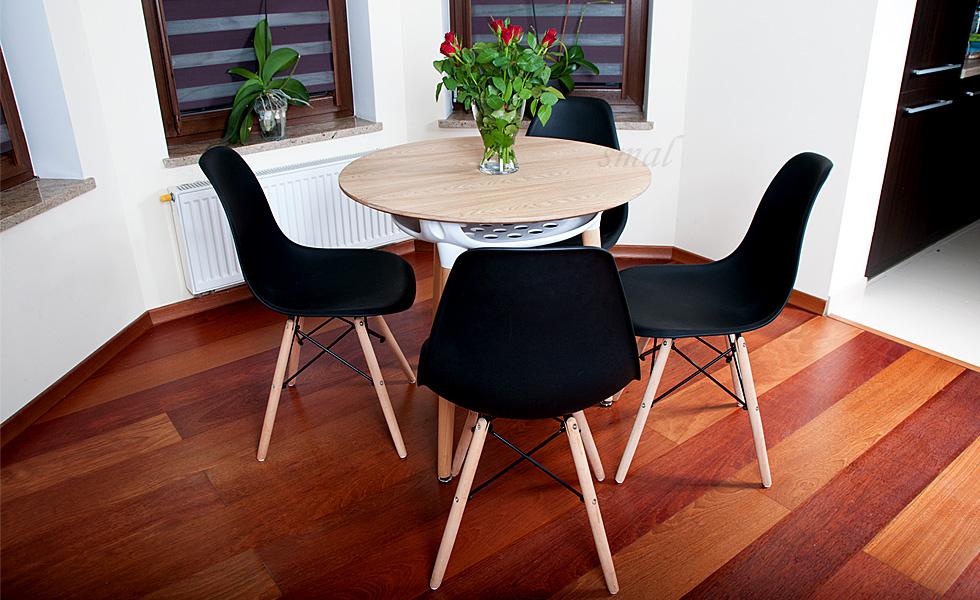 NOWOCZESNY ZESTAW STÓŁ OKRĄGŁY FI 80 DREWNOPODOBNY + 4 KRZESŁA CZARNE - Zestaw MEDIOLAN DREWNOPODOBNY-CZARNY OKRĄGŁY 80 - obrazek 8