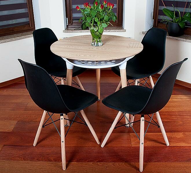 NOWOCZESNY ZESTAW STÓŁ OKRĄGŁY FI 80 DREWNOPODOBNY + 4 KRZESŁA CZARNE - Zestaw MEDIOLAN DREWNOPODOBNY-CZARNY OKRĄGŁY 80