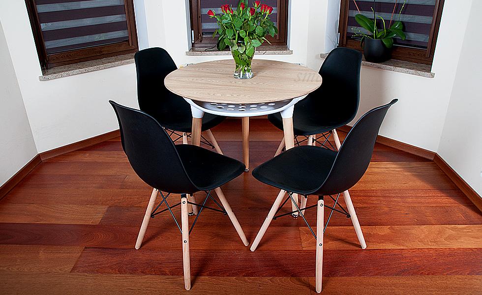 NOWOCZESNY ZESTAW STÓŁ OKRĄGŁY FI 80 DREWNOPODOBNY + 4 KRZESŁA CZARNE - Zestaw MEDIOLAN DREWNOPODOBNY-CZARNY OKRĄGŁY 80
