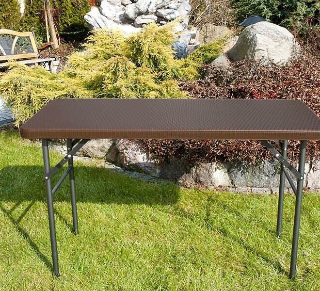 STÓŁ CATERINGOWY OGRODOWY SKŁADANY dł. 122 cm o wzorze rattanu - stół składany dł. 122 cm ciemno brązowy