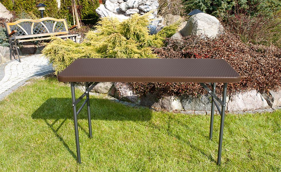 STÓŁ CATERINGOWY OGRODOWY SKŁADANY dł. 122 cm o wzorze rattanu - stół składany dł. 122 cm ciemno brązowy