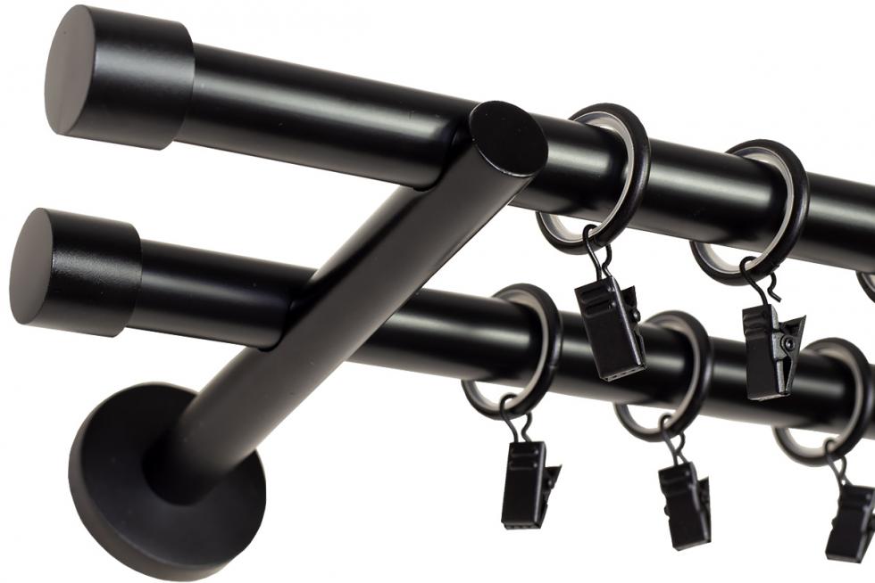 KARNISZ PODWÓJNY fi 19+19 CZARNY MAT ZAŚLEPKA CICHE KÓŁKA - 360 cm