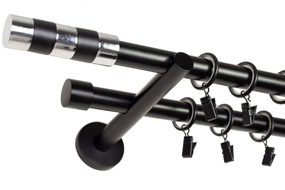 KARNISZ PODWÓJNY fi 19+19 CZARNY MAT LOKI CICHE KÓŁKA - 280 cm