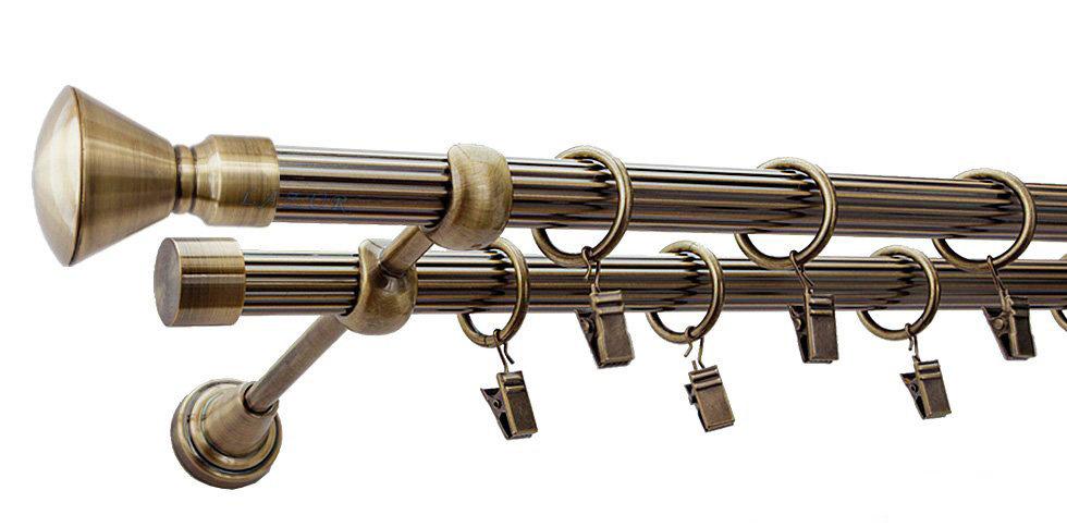 Karnisz APOLLO Antyk Mosiądz, Podwójny 19 + 19 rura ryflowana - 480 cm