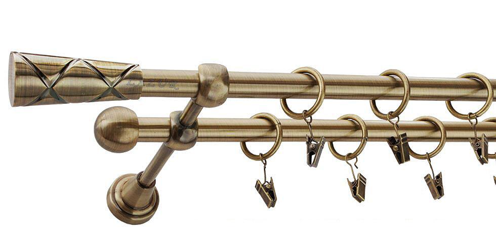 Karnisz PINO Antyk Mosiądz, Podwójny 16 +16 rura gładka - 120 cm