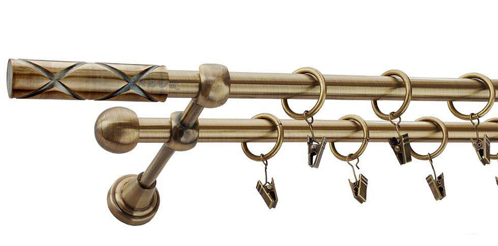 Karnisz CASINO Antyk Mosiądz, Podwójny 16 +16 rura gładka - 300 cm