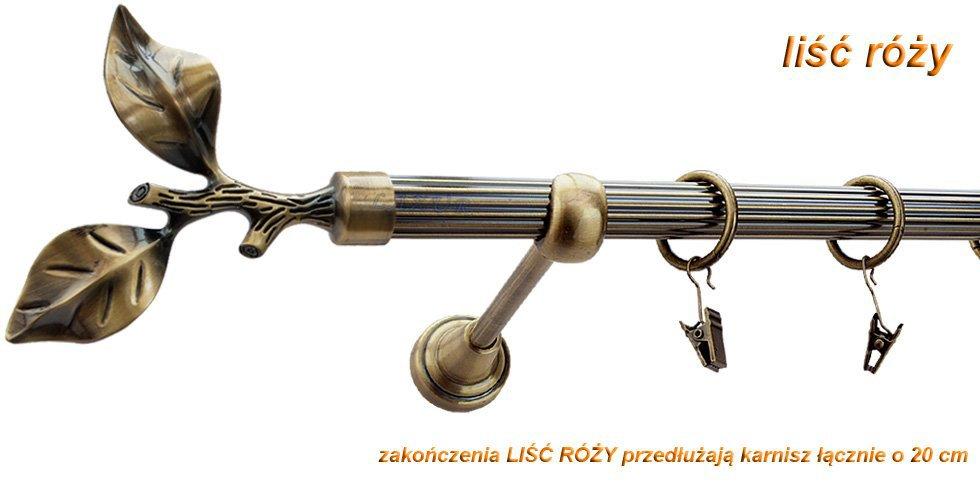 Karnisz LIŚĆ RÓŻY Antyk Mosiądz, Pojedynczy 19 rura ryflowana - 400 cm - obrazek 2
