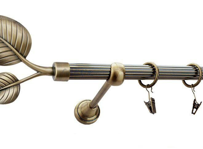 Karnisz DUŻY LIŚĆ Antyk Mosiądz, Pojedynczy 19 rura ryflowana - 480 cm