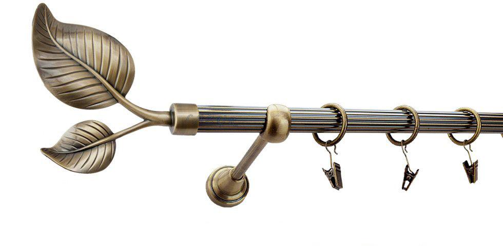 Karnisz DUŻY LIŚĆ Antyk Mosiądz, Pojedynczy 19 rura ryflowana - 200 cm
