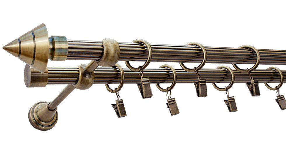 Karnisz AMARO Antyk Mosiądz, Podwójny 19 + 19 rura ryflowana - 320 cm