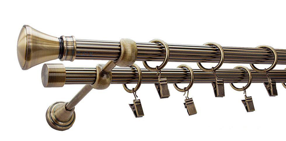 Karnisz LUXOR Antyk Mosiądz, Podwójny 19 + 19 rura ryflowana - 240 cm