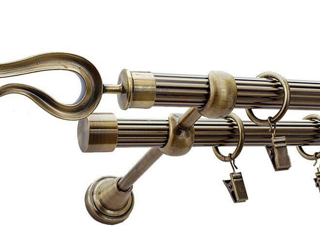 Karnisz VIOLO Antyk Mosiądz, Podwójny 19 + 19 rura ryflowana - 480 cm