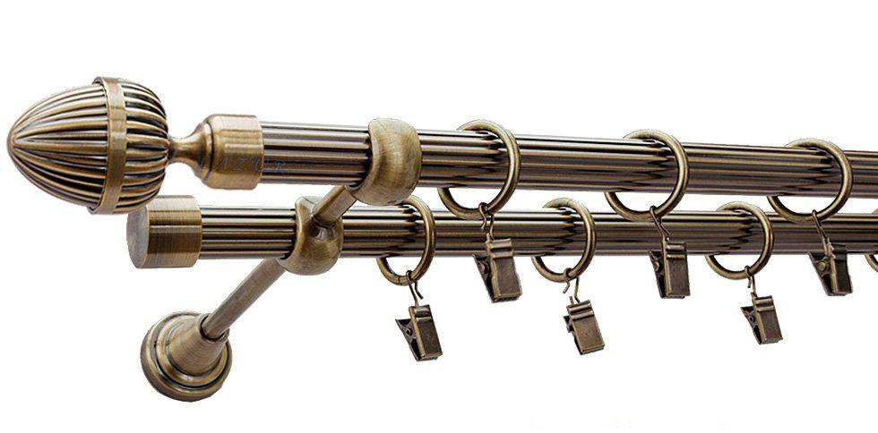 Karnisz ODEON Antyk Mosiądz, Podwójny 19 + 19 rura ryflowana - 400 cm